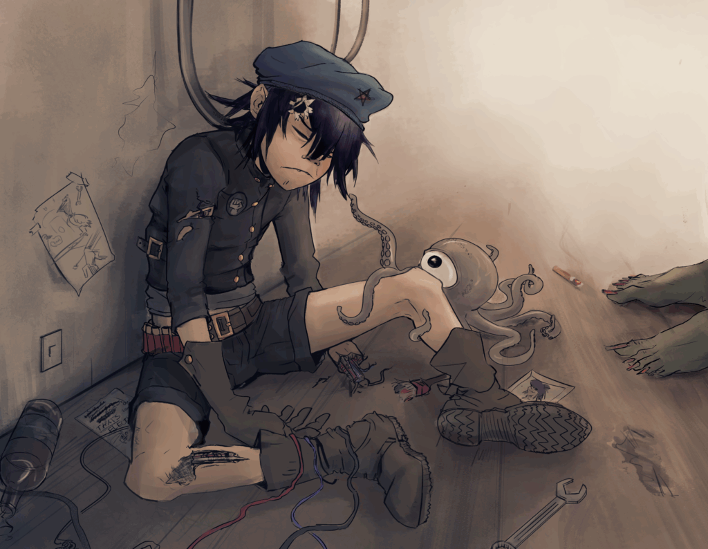 Fanart of a broken Cyborg Noodle from the band Gorillaz, next to a little Octopus